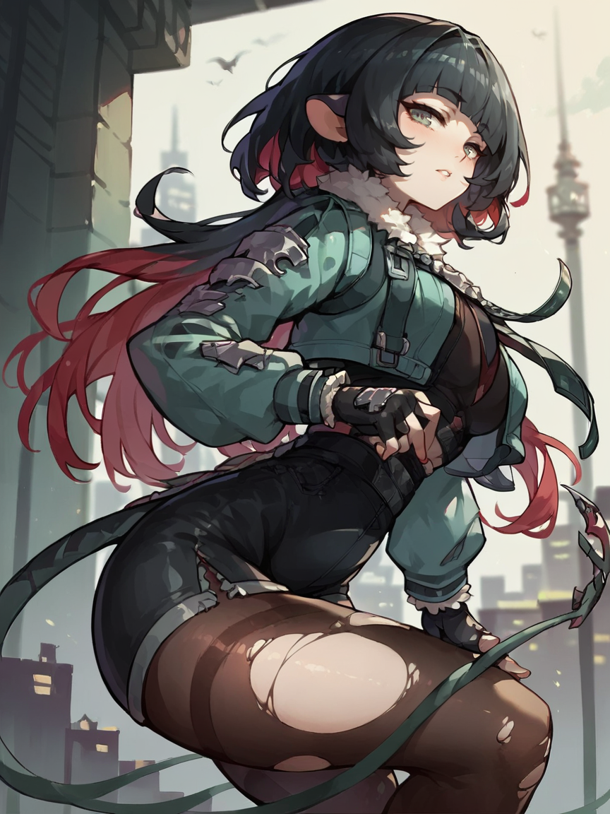 score_9, score_8_up, score_7_up, score_6_up, score_5_up,   <lora:janedoeXLP:0.8> 1girl, jane doe, solo, rat ears, black hair, torn clothes, fingerless gloves, jacket, shorts, pantyhose, thighhighs, multicolored hair, curvy, large breasts, city,