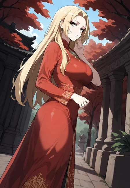 safe_pos, zPDXL3, score_9_up, score_8_up, score_7_up, (Anime_source), 1girl, Ber, large breast, yellow eyes, blonde hair, long hair, from side, chinese clothes, red dress, long dress, long sleeves, ancient temples, ancient time, trees, looking at viewer, dutch angle