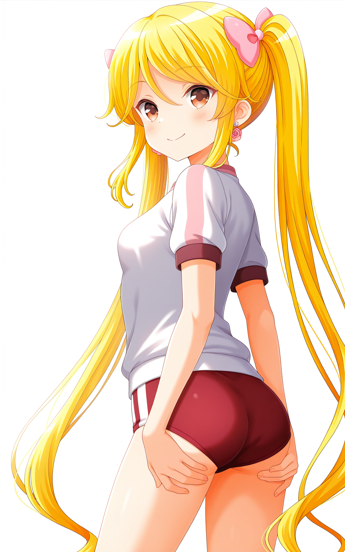 masterpiece,best quality,good quality,newest,4k,perfect lighting,cinematic,very aesthetic,official art,anime screencap,anime coloring,detailed fingers,(((white background, simple background))),
1girl,solo,tokitani koruri,blonde hair, twintails,long hair,hair bow,brown eyes,rose earrings,small breasts,
seio gym uniform,white shirt,short sleeves,red buruma,thighs,standing,hands behind ass,contrapposto,looking at viewer,smile,BREAK
<lora:ILkoruri:1>