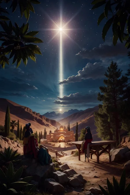 <lora:ricegnat_style:0.8>, ((masterpiece,best quality)), <lora:Star_of_Bethlehem:0.8>, Star_of_Bethlehem, night sky, starry sky, multiple girls, hat, sitting, outdoors, tree, mountain