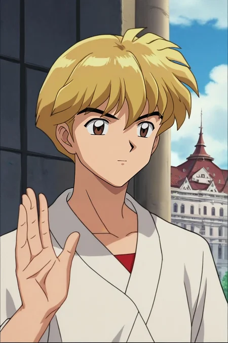 score_9, score_8_up, score_7_up, source_anime, rating_safe, anime screencap, , , , 1boy, male focus, brown eyes, light brown hair, curly hair,, solo, cowboy shot, palace, day, sunny, waving, squinting, <lora:inuyasha_style_pony:0.94>, inuyasha_style, retro artstyle, anime coloring, <lora:sdxl_lightning_8step_lora:1>