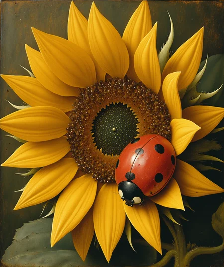 Imagine a surreal, dreamlike portrait of a ladybug resting on the vibrant yellow petal of a sunflower. style of Hieronymus Bosch. The ladybug, with its deep red shell and bold black spots, is rendered with a soft, glowing texture that contrasts gently against the flower's vivid yellow petals. Its enlarged, reflective eyes catch the light, adding an innocent, curious expression.
The sunflower, towering and oversized, dominates the background, its textured brown center providing a rich, earthy contrast to the smooth red of the ladybugâs shell. The petals extend outward, curving gently, their bright yellow tones blending softly into the background of muted greens and browns.
The overall atmosphere is one of serene elegance, with soft, flowing lines and a harmonious color palette. The background, slightly blurred and abstracted, enhances the focus on the ladybug and sunflower, creating a sense of stillness and quiet beauty.
detailmaximizer
<lora:ImageUpgraderV2:.75> <lora:style_of_Hieronymus_Bosch_FLUX_189:1>