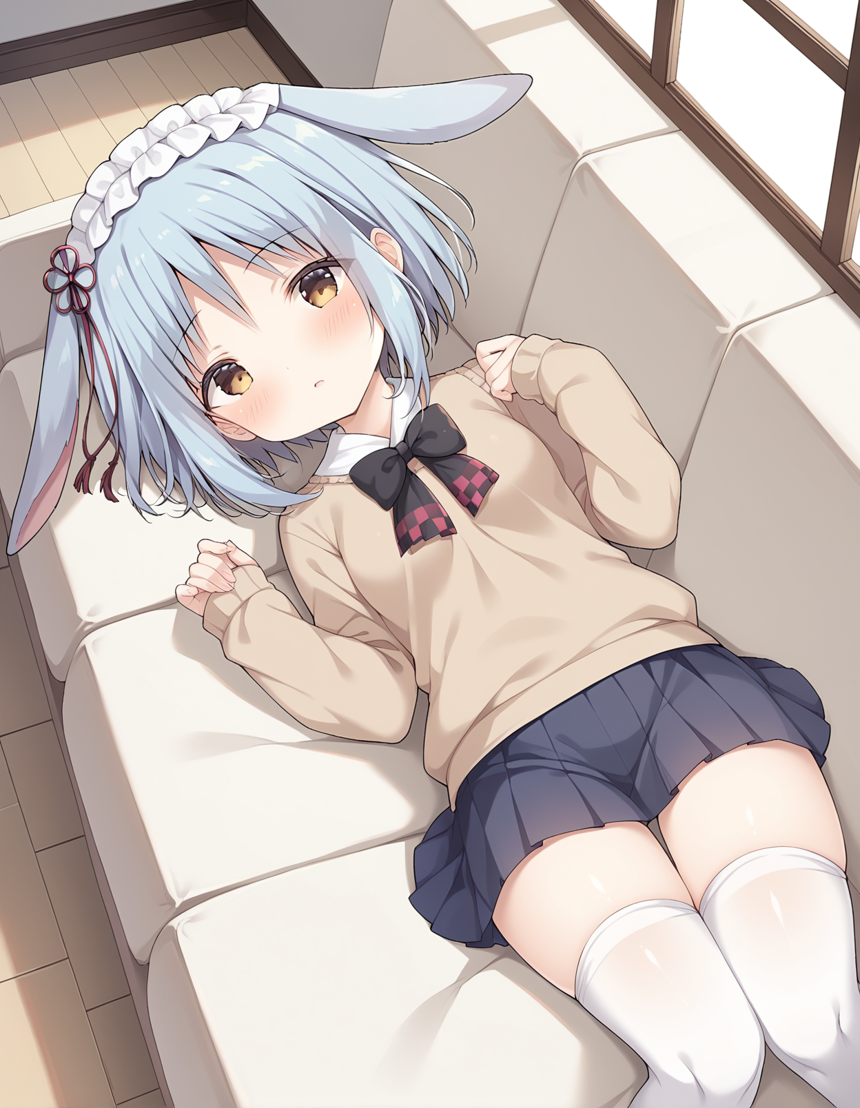 score_9, score_8_up, score_7_up, score_6_up, score_5_up, score_4_up, source_anime, rating_explicit, BREAK <lora:kaguyaMomoseXL_LoRA-C3Lier_AdamW_Dim32_Alpha32_UN-3e-4_TE-1.5e-4_6batch_ponyDiffusionV6XL_v6StartWithThisOne:1>, kaguya momose, 1girl, yellow eyes, blue hair, small breasts, frilled hairband, hair ribbon, rabbit ears, brown shirt, black bowtie, sleeves past wrists, pleated skirt, thighhighs, blush, lying, on back, couch, on couch, window, window shade, window blinds, shadow, dutch angle, from above