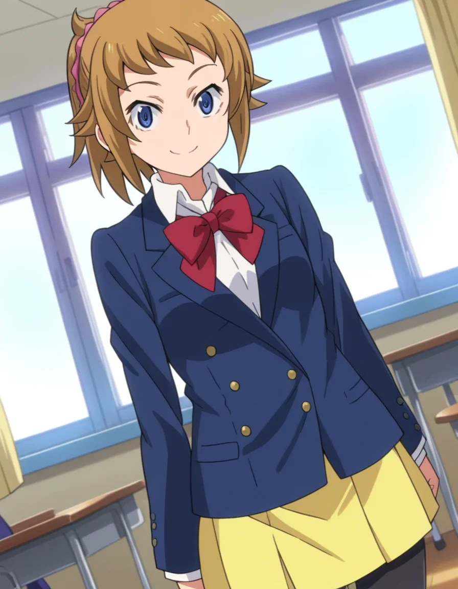 score_9, score_8_up, score_7_up, source_anime,
fuminahoshino, <lora:fumina-hoshino-s2-ponyxl-lora-nochekaiser:1>,
fumina hoshino, hoshino fumina, blue eyes, brown hair, ponytail, scrunchie,
skirt, school uniform, jacket, pantyhose, blazer, bike shorts, shirt, white shirt, collared shirt, bow, red bowtie,
indoors, classroom, smile,
looking at viewer, dutch angle, cowboy shot,