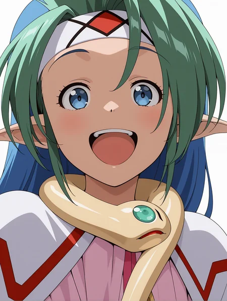 masterpiece,best quality,amazing quality,anime screencap,
1girl,solo,
<lora:elma_hoyly_ilxl_v1.4:1>,elma,spiked hair,multicolored hair,low-tied long hair,e_hb,E_clothes,
dynamic_angle,simple_background,white background,laughing,upper_body,face_focus,front view,portrait,looking_at_viewer,standing,