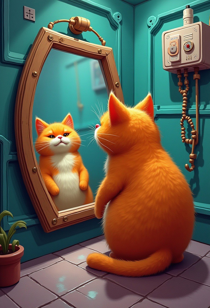 A whimsical painting adorable fat orange cat looks at himself in the mirror in a futuristic room, 3d, comic style, science fiction, cyberpunk