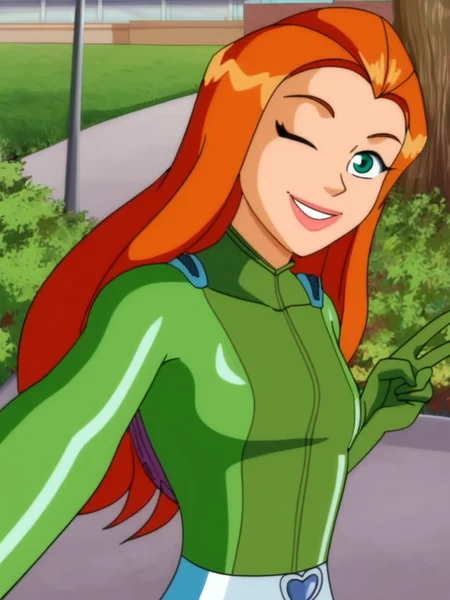 selfie, v, one eye closed, head tilt, looking at viewer, upper body, portrait, light smile,
leaning to the side, arched back, looking back, park, solo focus,
<lora:Totally_Spies_Sam:1>, orange hair, bodysuit, long hair, gloves,