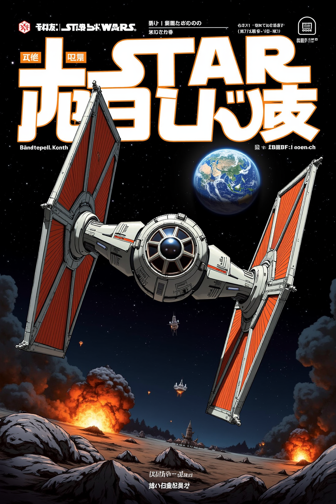 Manga style Poster with bold large fonts and graphics, Sharp image of anime style of a digital illustration of a star wars tie fighter from the star wars franchise. The tie fighter is in the center of the image, with its iconic orange and black colors standing out against the dark background. It has two large wings on either side of its body, with a large circular engine in the front. The engine is surrounded by a ring of orange and yellow lights, representing the colors of the millennium falcon. In the background, there is a planet with a blue and orange glow, representing earth. The sky is filled with stars and planets, and there are explosions and explosions in the distance. The overall mood of the illustration is dramatic and futuristic. Anime art.
