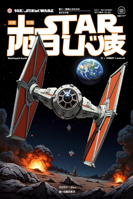 Manga style Poster with bold large fonts and graphics, Sharp image of anime style of a digital illustration of a star wars tie fighter from the star wars franchise. The tie fighter is in the center of the image, with its iconic orange and black colors standing out against the dark background. It has two large wings on either side of its body, with a large circular engine in the front. The engine is surrounded by a ring of orange and yellow lights, representing the colors of the millennium falcon. In the background, there is a planet with a blue and orange glow, representing earth. The sky is filled with stars and planets, and there are explosions and explosions in the distance. The overall mood of the illustration is dramatic and futuristic. Anime art.