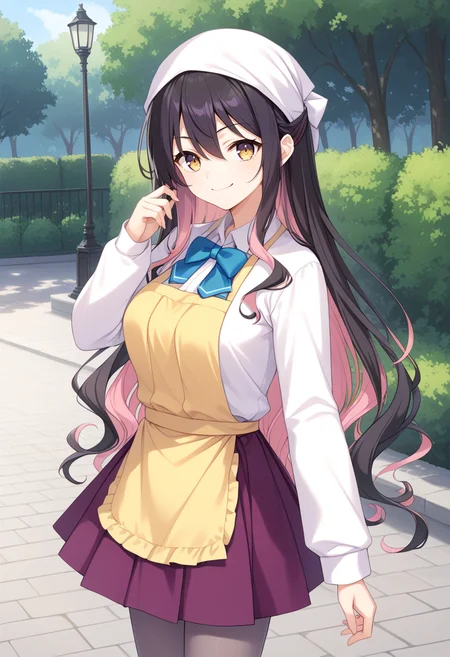 1girl, solo, park, cowboy shot, standing, <lora:KC_01DD_naganami_pony-000016:1>naganamikc, multicolored hair, black hair, pink hair, colored inner hair, hair bow, orange bow, wavy hair, very long hair, bangs, hair between eyes, purple eyes, yellow eyes, gradient eyes, medium breasts, head scarf, white scarf, naganamidefkc, halterneck_sleeveless_dress, purple dress, white shirt, white sleeves, long sleeves, blue bowtie, purple skirt, pleated dress, grey pantyhose, yellow apron,, score_9,score_8_up, score_7_up, source_anime, masterpiece, best quality, official art, official style, game cg, megami magazine, rating_safe, rating_questionable, <lora:Fixhands_anime_bdsqlsz_V1:0.75>, NEGATIVE_HANDS