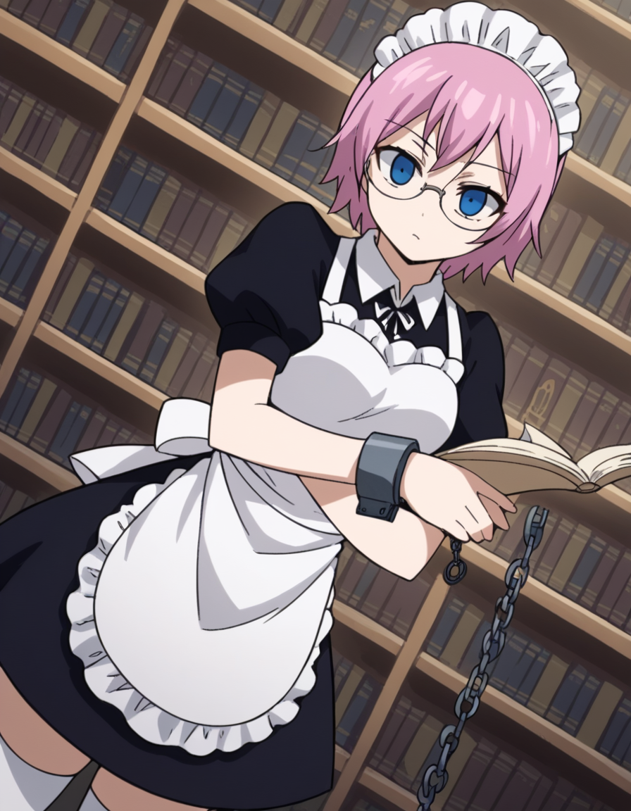 score_9, score_8_up, score_7_up, source_anime, <lora:fairytail-virgo-s7-ponyxl-lora-nochekaiser:1>,, maid virgo, short hair, bangs, blue eyes, pink hair, thighhighs, dress, short sleeves, shoes, puffy sleeves, black footwear, apron, black dress, white thighhighs, puffy short sleeves, zettai ryouiki, maid, maid headdress, white apron, maid apron, cuffs, enmaided, handcuffs,, library, reading books, glasses, quiet, focused, shelves of books, , , arm wrapped around someone, solo,, cowboy shot, dutch angle