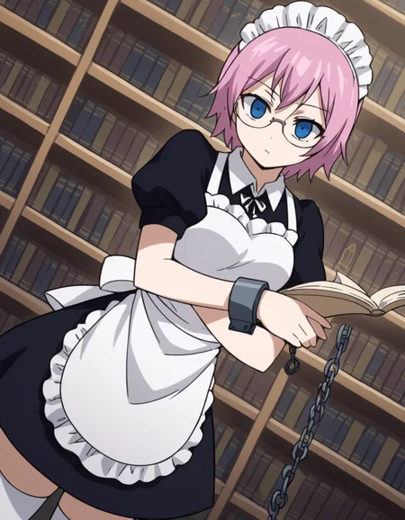 score_9, score_8_up, score_7_up, source_anime, <lora:fairytail-virgo-s7-ponyxl-lora-nochekaiser:1>,, maid virgo, short hair, bangs, blue eyes, pink hair, thighhighs, dress, short sleeves, shoes, puffy sleeves, black footwear, apron, black dress, white thighhighs, puffy short sleeves, zettai ryouiki, maid, maid headdress, white apron, maid apron, cuffs, enmaided, handcuffs,, library, reading books, glasses, quiet, focused, shelves of books, , , arm wrapped around someone, solo,, cowboy shot, dutch angle