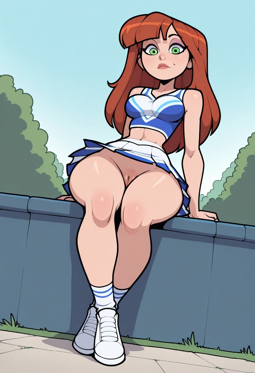 comicbook style, toon, flat color, amazing quality, 4k, high resolution, ultra-detailed, newest, 1girl, solo, white girl, small head, pretty girl, fair skin, green eyes ((curvy body)), (medium breasts), dynamic angle, Dynamic pose, realistic, nsfw , portrait, full body, from below, sexy pose, portrait, female focus, slim, long hair, auburn hair, bangs, melancholy expression, sitting, upskirt, no panties, smooth pussy, looking at viewer, beautiful, blue and white cheerleader uniform, outdoors