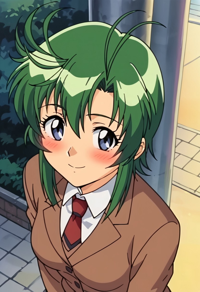 score_9,score_8_up,score_7_up,score_6_up,score_5_up,score_4_up,negative_hand, 1girl, naokiamagake,Antenna, Parted to Side, Shoulder-length, Green Hair,Blazer School Uniform, Necktie, Skirt, looking at viewer, smile, blush, from above, anime screencap, school background, outdoors