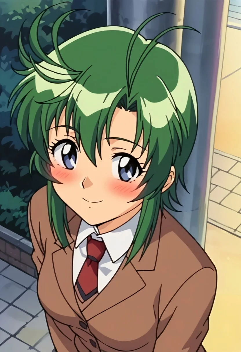 score_9,score_8_up,score_7_up,score_6_up,score_5_up,score_4_up,negative_hand, 1girl, naokiamagake,Antenna, Parted to Side, Shoulder-length, Green Hair,Blazer School Uniform, Necktie, Skirt, looking at viewer, smile, blush, from above, anime screencap, school background, outdoors