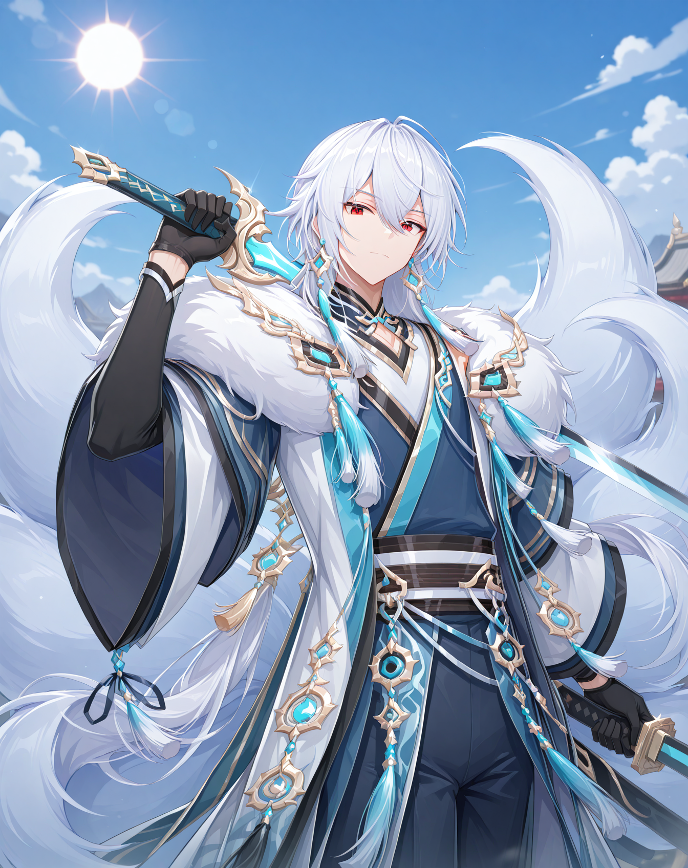 masterpiece, best quality, absurdres, very aesthetic,
1boy, solo, yaoi, male focus,
cowboy shot, upper body, looking at viewer,
<lora:AsinT_FSI:1> asintfsi, red eyes, hair between eyes, long hair, white hair, fox tail, multiple tails,
holding weapon, holding sword,
black gloves, chinese clothes, tassel, fur trim, long sleeves, wide sleeves, pants, black footwear, shirt,
jewelry, earrings,
outdoors, day, blue sky, sun,