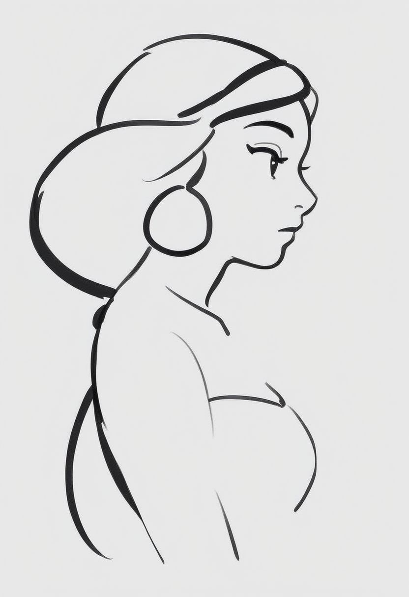 1girl, upper body, Jasmine,   ((solo)), from side, profile sketch, Minimalism, Greyscale, Stylized