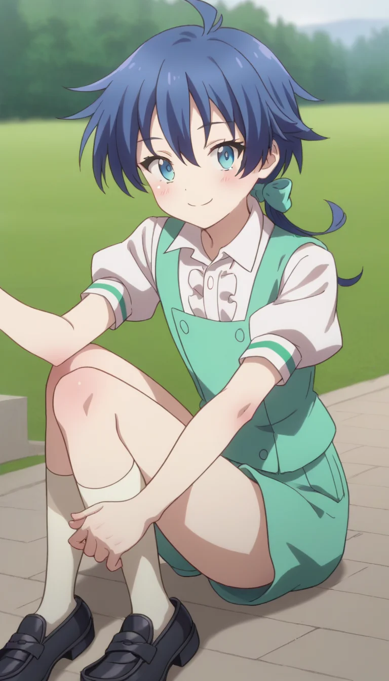 score_9,score_8_up,masterpiece,best quality,correct anatomy,anime_source,1boy,solo,perfect eyes,perfect arms,perfect legs,perfect face,outdoors,upper body,(portrait:1.5),looking at viewer,facing viewer,smile,blush,aged down,(petite:1.5),Lloyd de Saloum,ahoge,long hair,blue hair,low ponytail,hair bow,hair between eyes,bangs,blue eyes,green vest,white shirt,collared shirt,puffy short sleeves,green shorts,white socks,loafers,black footwear,<lora:Lloyd de Saloum(tsdnod)-Pony:1.6>,