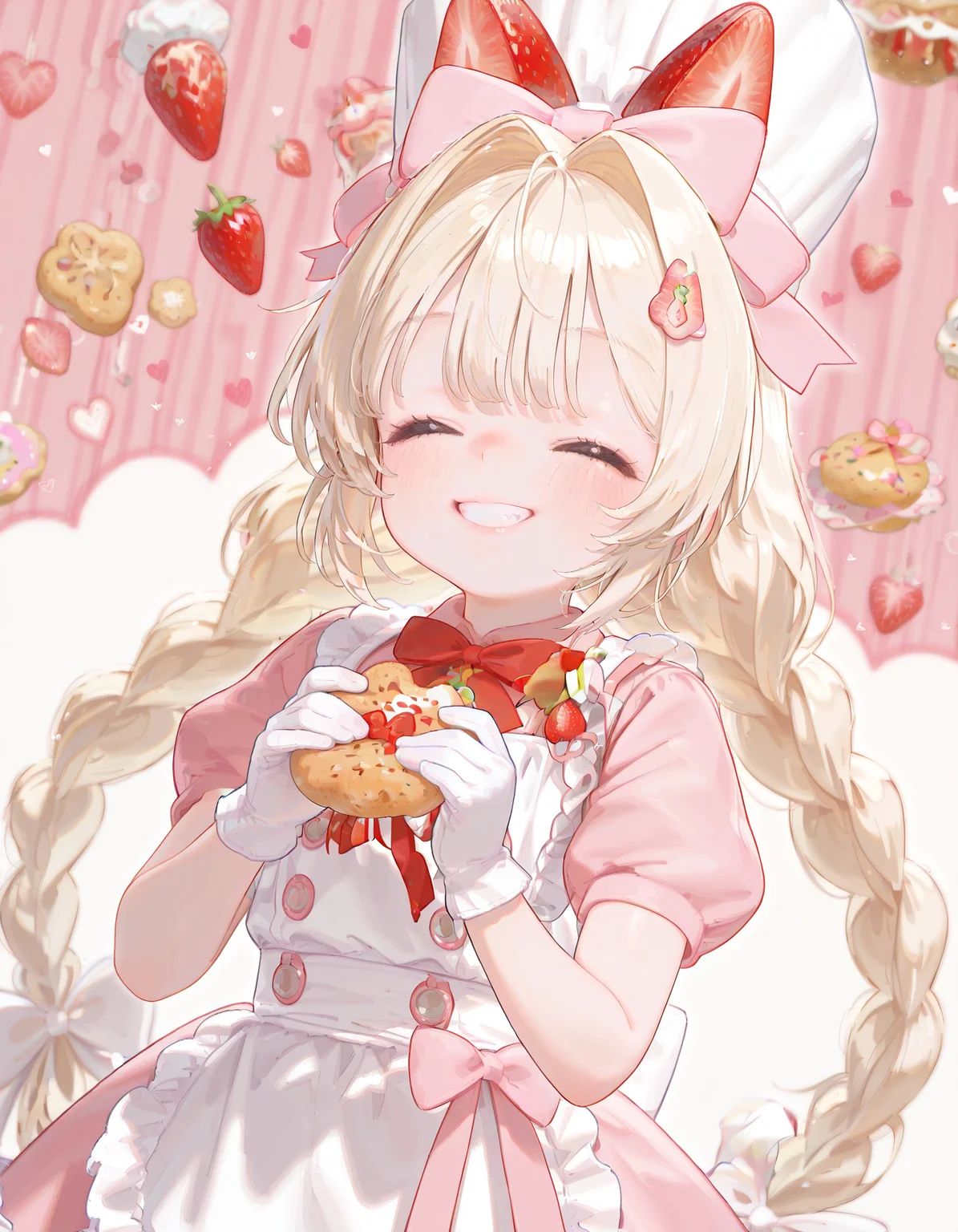 masterpiece, best quality, amazing quality, very aesthetic, absurdres,  newest, volumetric lighting,dutch angle,1girl,solo,happy,upper body,bag of cookies,teeth,closed mouth,smile,closed eyes,<lora:Crust_NIKKE:1>crust (nikke), blonde hair, twin braids, long hair,, hair bow, hair ornament, chef hat, pink dress, white apron, white gloves,, bow, ribbon, strawberry hat ornament, skindentation, 
,pink background,heart background,skindentation,masterpiece, best quality, amazing quality, very aesthetic, absurdres,  newest, volumetric lighting,   <lora:c_:1>