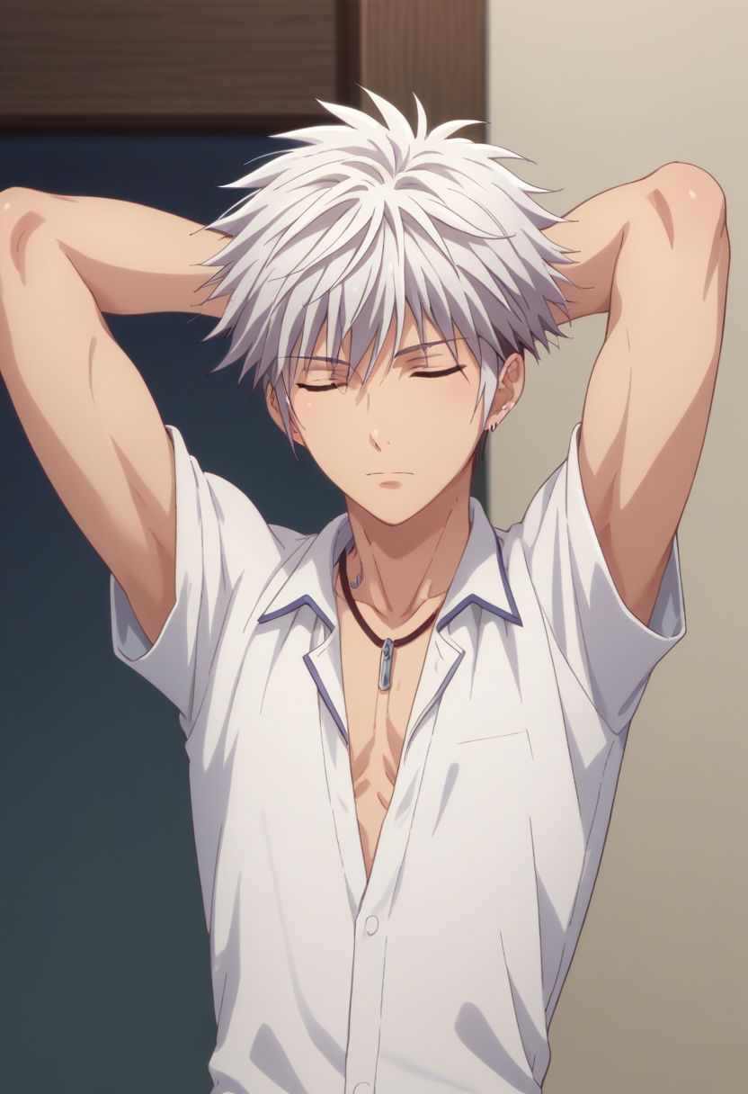 score_9, score_8_up, score_7_up, source_anime, highly detailed, 1boy, solo, male_focus, 
haru_sohma, 1boy, male focus, closed eyes, solo, white hair, jewelry, shirt, upper body, arms behind head, closed mouth,