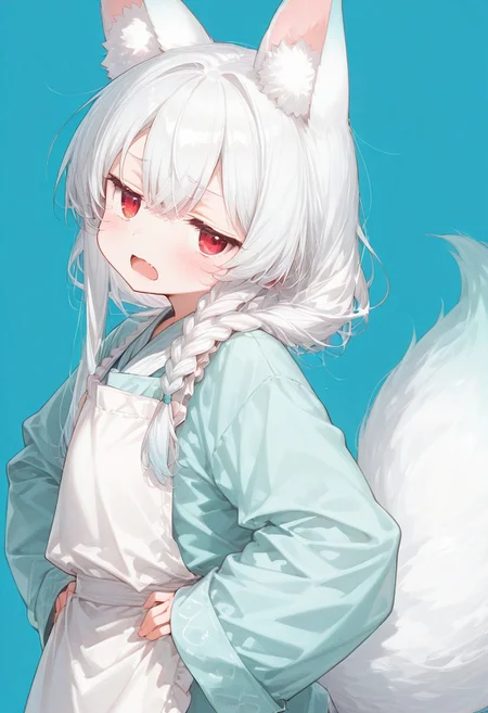1girl, chibi, solo, long white hair, long sidelocks, single braid, loosely braided, hair on shoulder, fox ears, red eyes, oversized clothes, full sleeves, cute apron, long apron, oversized huge clothes, long fluffy fox tail, (jitome eyes), blush, looking at viewer, open mouth, disgusted face, hands on hips, fantasy, cute headtilt, from side, closeup, cute kira kira colors, blue background, shiny stars, plain background, masterpiece,best quality,amazing quality,ricottestyle