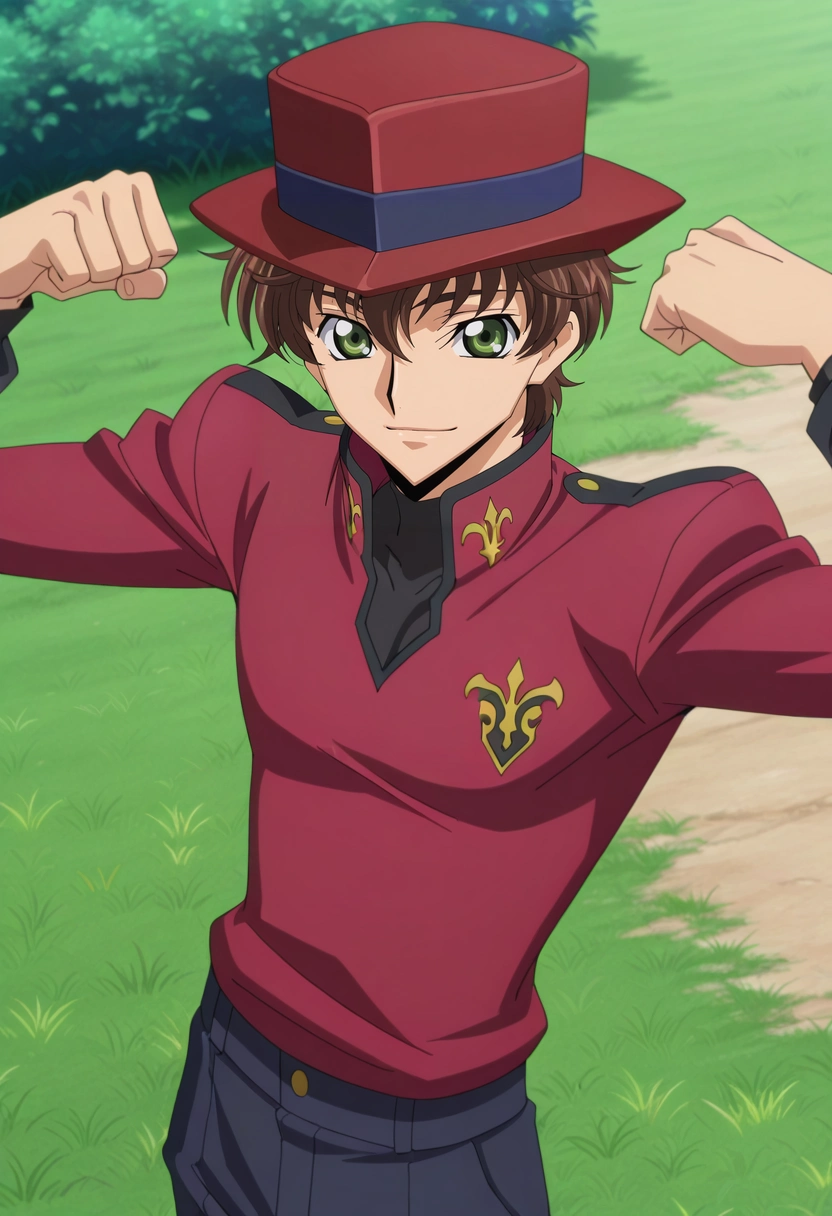 masterpiece, best quality, , anime screencap, anime coloring, , looking at viewer, 1boy, solo, male focus, <lora:suzaku_kururugi_ilxl:0.98>, suzaku_kururugi, brown hair, green eyes, uniform, close-up, grass, day, flexing, light smile, Pleated trousers, Half-zip sweater, , Trilby hat,