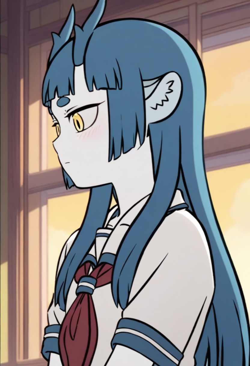 <lora:longnu:1>,longnu,1girl,horns,blue hair,long hair,blunt bangs,yellow eyes,short eyebrows,animal ears,white skin,
shirt,white shirt,school uniform,collared shirt,short sleeves,red neckerchief,, masterpiece,best quality,amazing quality,absurdres, anime screenshot,