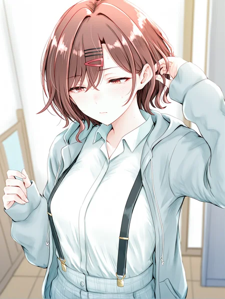 masterpiece, best quality, absurdres, amazing quality <lora:cfg_scale_boost:0.3> <lora:StS-Illustrious-Detail-Slider-v1.0:3> <lora:StS_Age_Slider_Illustrious_v1:3>,detailed_background,indoors,long sleeves,medium breasts,idolmaster,unu \(unucence\),hood,hair between eyes,1girl,hair ornament,short hair,hooded jacket,expressionless,grey jacket,hairclip,open jacket,sleeves past wrists,hood down,highres,mole,arm up,parted lips,higuchi madoka,brown hair,white shirt,solo,light blush,swept bangs,suspenders,shirt tucked in,idolmaster shiny colors,breasts,open mouth,jacket,hand in own hair,open clothes,shirt,mole under eye