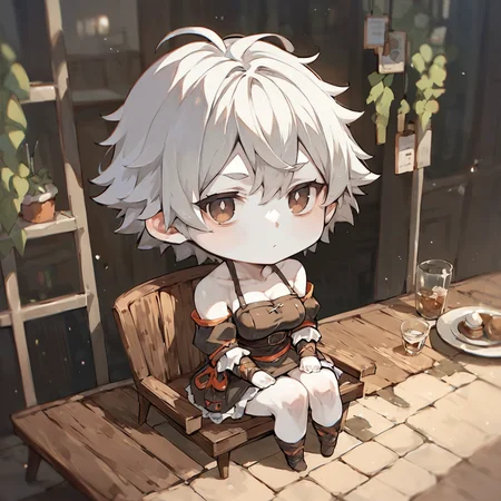 <lora:NAHIRI:.4> nahiri, 1girl, solo, short hair, breasts, bare shoulders, white hair, colored skin, white skin, (chibi) (chibi,) sitting in a cafe,, source_anime, score_9_up, score_7_up, score_8_up