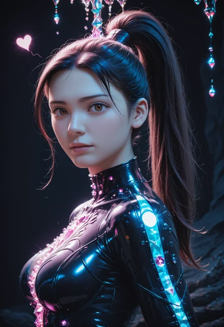 score_9,score_8_up,score_7_up, sorce_real, 8k, hd, (1 girl, brown eyes, high ponytail, bioluminescent latex suit, seij, <lora:Seij-000001:1>), cute and mischievous, black suit, purple details, neon colored glowing particles in the black skin, black skin with neon pink bioluminescence, cinematic light, looking at viewer, dark, night, mysterious atmosphere, floating hearts, beautiful creatures, flies through a dark stalactite cave at night, bioluminescent icicles on the walls, everything is shrouded in darkness. <lora:SDXLFaeTastic2400:0.4>, cave by Jed-Cosmos <lora:Jed-Cosmos-sdxl:0.4> <lora:ral-swarcrystl-sdxl:0.5> multicolored gemstones made of ral-swarcrystl, black gloves with glowing jewels, upper body, side view