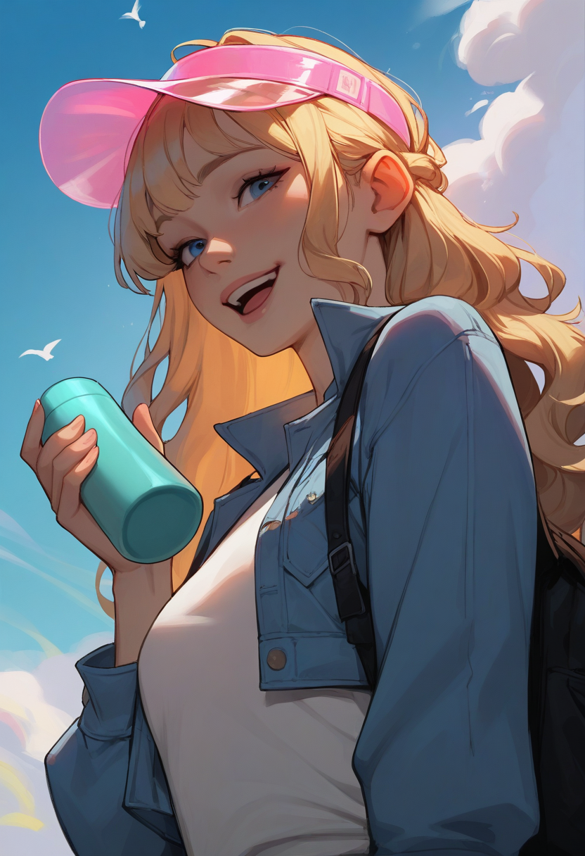 masterpiece, best quality, stylized, realistic, 1girl, solo, blonde hair, wavy hair, half updo, sidelocks, choppy bangs, blue eyes, smile, open mouth, looking at viewer, hand up, holding bottle, aqua thermos, visor cap, pink cap, transparent cap, t-shirt, white shirt, cropped jacket, denim jacket, black backpack, upper body, from below, dutch angle, blue sky, day, cloud, bird