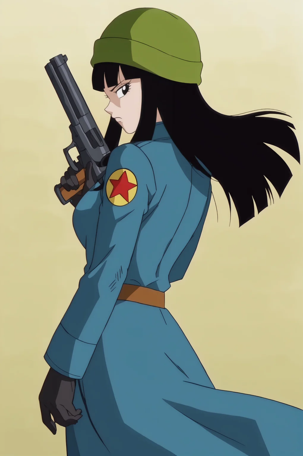 source_anime, score_9, score_8_up, score_7_up, anime screencap, absurdres,
future mai, official style, 1girl, solo, hime cut, long hair, black hair, bangs, facing away, from behind, knit hat, green headwear, military coat, blue coat, long sleeves, print sleeve, red star, star \(symbol\), black gloves, leather belt, frown, looking ahead, wind lift, floating clothes, cowboy shot, arm at side, holding handgun, gradient background, from side, looking back, black eyes, 
<lora:ohmai_pony_v1:0.8>