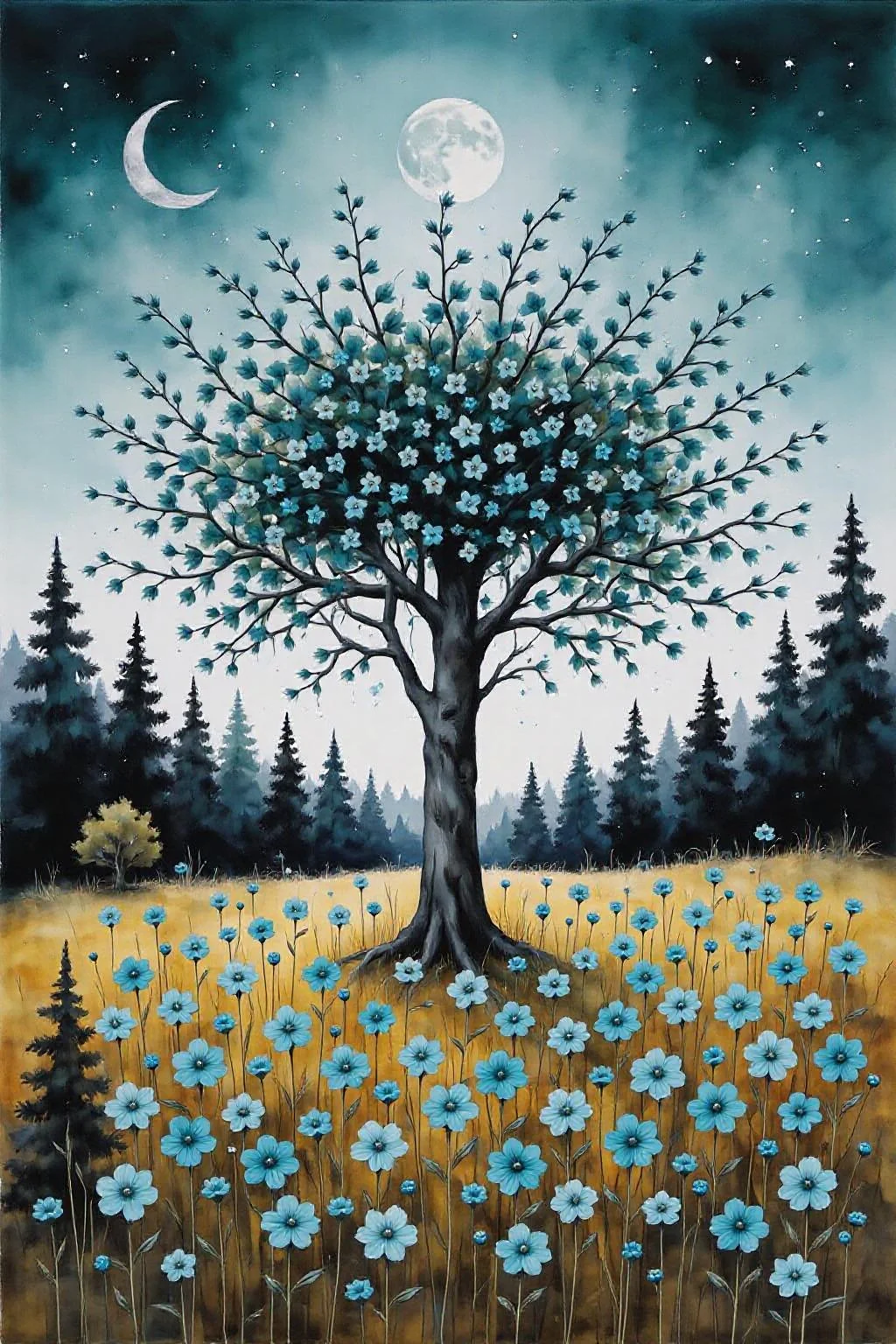yawc1 watercolor.
Full shot of a vibrant painting. A large central tree, rendered in deep black, is adorned with numerous small, teal-colored flowers, giving the impression of a blossoming canopy. The flowers are subtly detailed, appearing almost like tiny, decorative elements. The tree's branches spread out, forming a broad crown of flowers. Surrounding the central tree are smaller, similarly designed trees of varying heights, all in shades of deep teal and black. These trees also sport clusters of small teal-colored flowers attached to their branches. The sky is a light teal, dotted with stars. Two crescent moons are visible, one on either side of the central, dominant full moon high up, which is silvery white. A field of large, vibrant teal flowers covers the foreground and lower middle ground. The flowers are positioned closely together, creating a dense carpet of color. The ground is colored a pale mustard or golden yellow. Smaller, dark forest trees are visible at the far left and right foreground. The entire scene creates a feeling of a magical, floral woodland or enchanted forest under a night sky. The colors are bright and eye-catching, with a gentle overall palette. <lora:yawcolor_nocap_d4a2:1.0> <lora:schnell_v1.0:1.0><lora:798383825894987041:0>