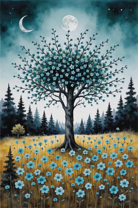 yawc1 watercolor.
Full shot of a vibrant painting. A large central tree, rendered in deep black, is adorned with numerous small, teal-colored flowers, giving the impression of a blossoming canopy. The flowers are subtly detailed, appearing almost like tiny, decorative elements. The tree's branches spread out, forming a broad crown of flowers. Surrounding the central tree are smaller, similarly designed trees of varying heights, all in shades of deep teal and black. These trees also sport clusters of small teal-colored flowers attached to their branches. The sky is a light teal, dotted with stars. Two crescent moons are visible, one on either side of the central, dominant full moon high up, which is silvery white. A field of large, vibrant teal flowers covers the foreground and lower middle ground. The flowers are positioned closely together, creating a dense carpet of color. The ground is colored a pale mustard or golden yellow. Smaller, dark forest trees are visible at the far left and right foreground. The entire scene creates a feeling of a magical, floral woodland or enchanted forest under a night sky. The colors are bright and eye-catching, with a gentle overall palette. <lora:yawcolor_nocap_d4a2:1.0> <lora:schnell_v1.0:1.0><lora:798383825894987041:0>
