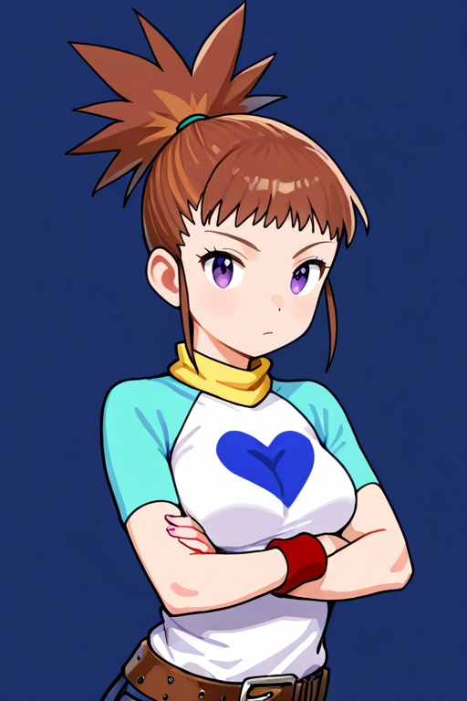 masterpiece, High quality, Ultra detailed, 2d, newest, absurdres, highres, BREAK
1girl, solo, <lora:makino_ruki:0.8>, ruki_makino, high ponytail, brown hair, purple eyes, 
medium breasts, rukidef, raglan sleeves, scarf, t-shirt, heart print, wristband, belt, pants, jeans, thigh strap, 
looking at viewer, upper body, crossed arms,