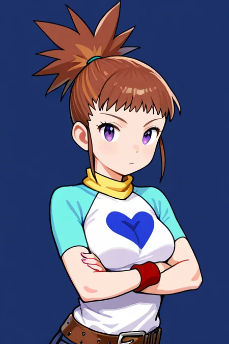 masterpiece, High quality, Ultra detailed, 2d, newest, absurdres, highres, BREAK
1girl, solo, <lora:makino_ruki:0.8>, ruki_makino, high ponytail, brown hair, purple eyes, 
medium breasts, rukidef, raglan sleeves, scarf, t-shirt, heart print, wristband, belt, pants, jeans, thigh strap, 
looking at viewer, upper body, crossed arms,