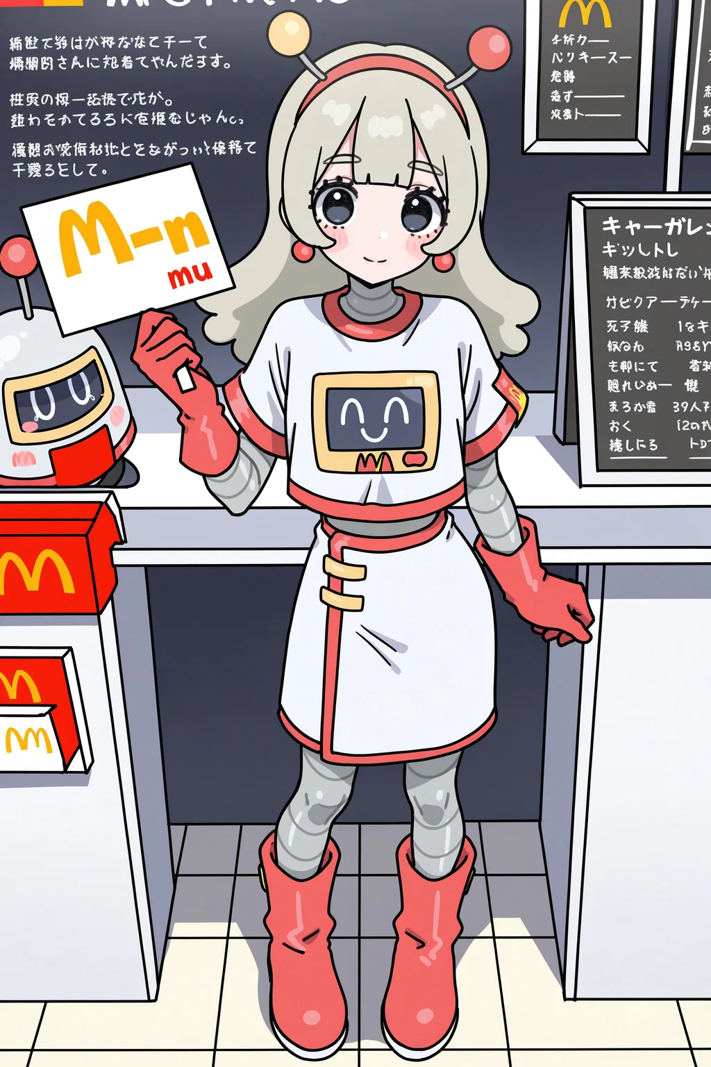 (masterpiece, best quality:1.2), amazing quality, very aesthetic, absurdres, perfect detail,
mcdonald's, counter, menu board, tile floor,
mcrobot, holding sign, standing, hand up, light smile, blush stickers, looking at viewer,
mcsetsuko, android, red_hairband, antennae, earrings, jewelry, white_shirt, print_shirt, short_sleeves, crop_top, white_skirt, red_trim, red_gloves, red_footwear, boots
<lora:XL_Ill_mcdo-set500-t1:0.9>