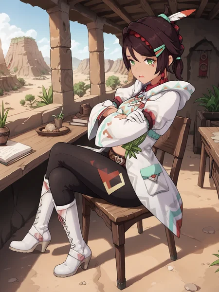 score_9, score_8_up, score_7_up, source_anime, BREAK
<lora:age_slider_v4:0>, (detailed eyes, detailed face, beautiful eyes, long eyelashes, thick eyelashes:1.5), (native indian village, huts, canyon, desert, tribal village, indoors:1.5), (sitting on chair, legs crossed:1.5), perspective, pov, looking at viewer, (arms crossed, concerned:1.5), (open mouth, teeth:1.3), (from side:1.3), (full body:1.5), from above, (straw beds:1.5), (desk:1.5), BREAK
<lora:Genshin_NPC_Chiychu_Pony_v1:0.85>, gchiychu, brown hair, green eyes, asymmetrical hair, hair between eyes, swept bangs, single braid, (braided ponytail:1.5), sidelocks, (dark skin, dark-skinned female:1.8), facial mark, feather hair ornament, feathers, hairclip, multicolored hair, streaked hair, red bandana, tooth necklace, jewelry, hooded coat, hood down, open coat, puffy shoulders, pink shirt, heart print shirt, midriff, navel, (long sleeves, wide sleeves:1.5), white gloves, brown belt, pouch, (black pants:1.5), white footwear, cross-laced footwear, (knee boots:1.6), high heel boots, (wide hips:1.5), thicc thighs, medium breasts,