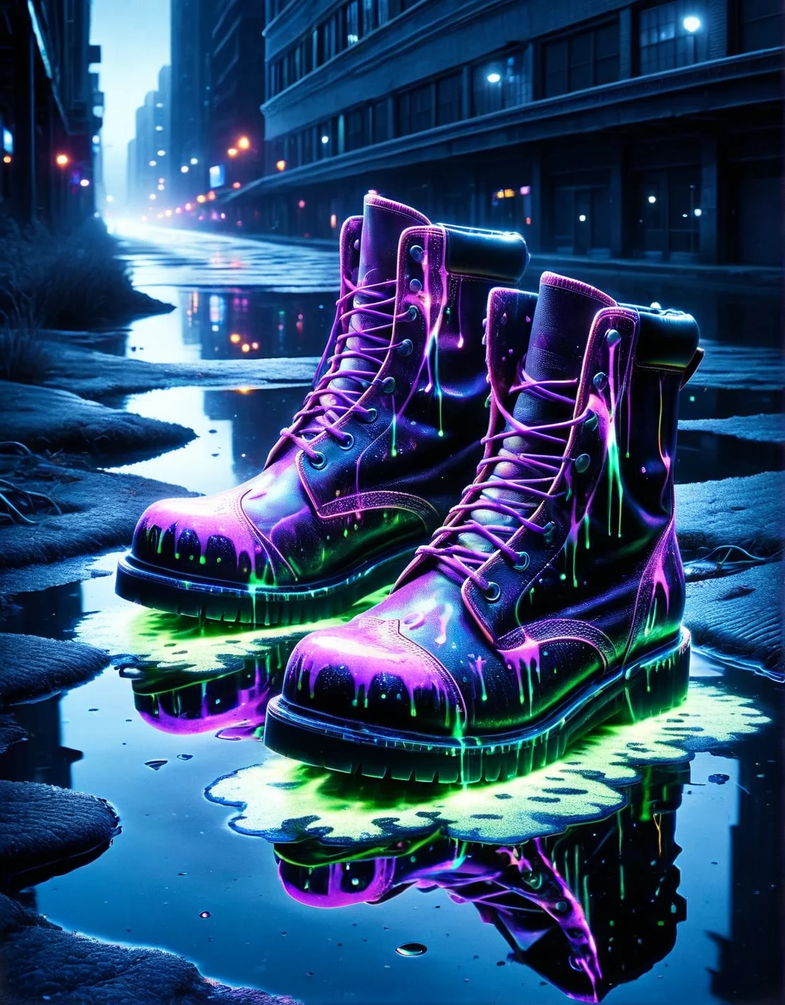 A pair of worn combat boots abandoned in a puddle, with reflective purple ais-nnsplsh lighting up the water with an ethereal glow. <lora:ais-nnsplsh-sdxl:1>