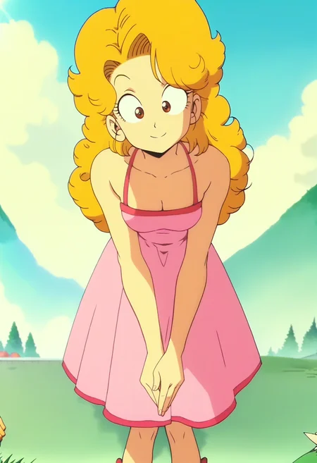 score_9, score_8_up, score_7_up, score_6_up, anime screencap, anime coloring, <lora:DBExtraGirlMidoriN:0.9>, DBExtraGirlMidoriN, blonde hair, brown eyes, long hair, curly hair, medium breasts,
pink dress, cleavage, bare shoulders, sandals,
leaning forward, smile, v arms,
BREAK sunlight, day, blue sky, grass,