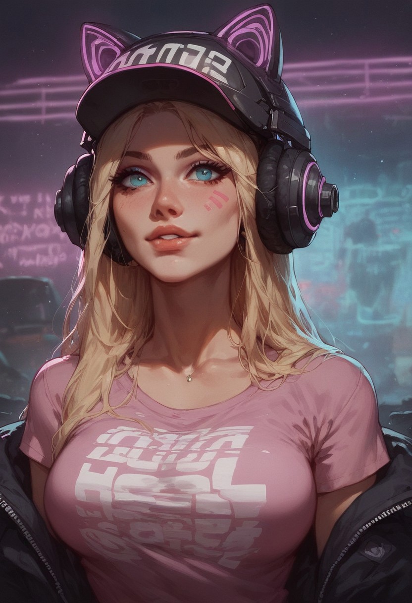 score_9, score_8_up, score_8_up, 1girl, gamer girl, pink T-shirt, blonde hair, (headphones with cat ears), virtual reality helmet,(oculus rift), sexy, nsfw,  neon lights, g0thicPXL, extreme close-up Portrait