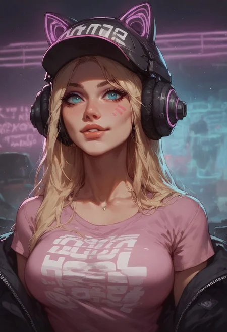 score_9, score_8_up, score_8_up, 1girl, gamer girl, pink T-shirt, blonde hair, (headphones with cat ears), virtual reality helmet,(oculus rift), sexy, nsfw, neon lights, g0thicPXL, extreme close-up Portrait