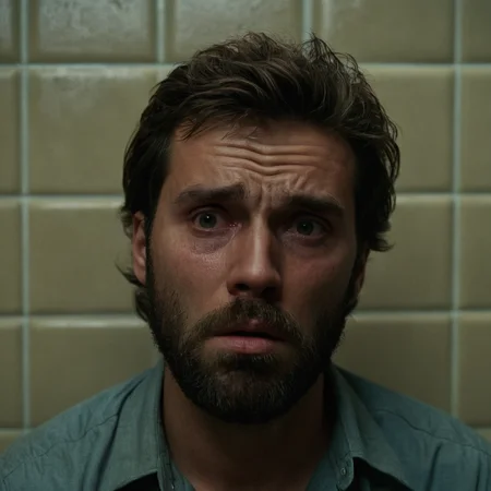 cinematic film still of <lora:shell shock style:1>
A cinematic Kodak Fujifilm picture of a man with a beard and a beardless face in a cell, sharp, detailed, cinematic, sad, depressed, wrinkly, tired, fatigue, unhappy, glum, melancholy, miserable, sorrowful, dejected, disconsolate, downhearted, downcast, realism, realistic, dispirited, desolate, oppressed, panic, fear, Combat stress reaction, shell shock style, solo, open mouth, shirt, 1boy, male focus, indoors, parody, tiles, tile floor, tile wall, horror (theme), what, meme, screaming, brown hair
, shallow depth of field, vignette, highly detailed, high budget, bokeh, cinemascope, moody, epic, gorgeous, film grain, grainy
