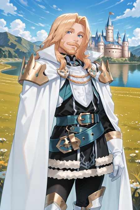 <lora:OrdeneIL:0.8> , ordedef, 1boy, blue eyes, blonde hair, long hair, facial hair, mustache, beard, white cape, collared cape, armor, pauldrons, white gloves,  fur-trimmed skirt, black skirt, black leggings, belt, white boots, white greaves, cowboy shot, smile, lake, grassland, castle looking at viewer, solo, masterpiece, very aesthetic, absurdres, best quality, amazing quality, high resolution, newest, very awa, <lora:illustrious_quality_modifiers_masterpieces_v1:0.8> , <lora:ChamIllustriousBackgroundEnhancer:0.5>,  solo,