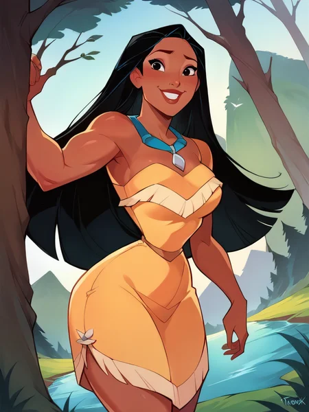 score_9, score_8_up, score_7_up, score_6_up, PocahontasXLP lay on tree, leaning forward, sexy pose, smile, nervous, dark skin, long hair, necklace, strapless, dress, feathers, medium breasts, narrow waist, wide hips, thick thighs, looking at viewer, cowboy shot, cartoon, dynamic pose, smile, cute, wide shot, solo, forest, lake, disney, dutch angle, muscular female, 
 <lora:PocahontasXLP_character:1>