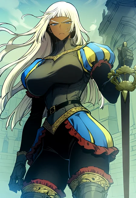 score_9, score_8_up, score_7_up, score_6_up, source_anime, rating_explicit, <lora:neg4all_bdsqlsz_V3.5:2.0>1girl, solo, huge breasts, <lora:Opheliaponyxl:1> long hair, white hair, blunt bangs, blue eyes, dark skin, dark-skinned female, gloves, puffy sleeves, belt, breastplate, armor, dress, thigh boots, frills, bodysuit, serious, Narrow shoulders, heavy breathing, sweat, steaming body, castle, outdoor, looking at viewer, holding sword, rapier