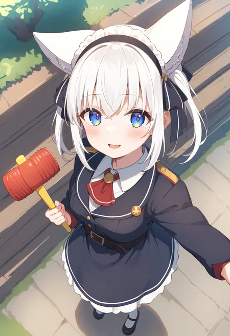 1girl,sincos, ningen mame, toosaka asagi,solo,medium breasts,20yo,maid,maid headdress,
piko piko hammer, toy hammer, holding, <lora:pikopikohammer_XL_v1:0.8>
from above, wide shot, looking at viewer, white hair, purple eyes,smile, outdoors stairs, open mouth, tired hair,,
best quality, very aesthetic, absurdres