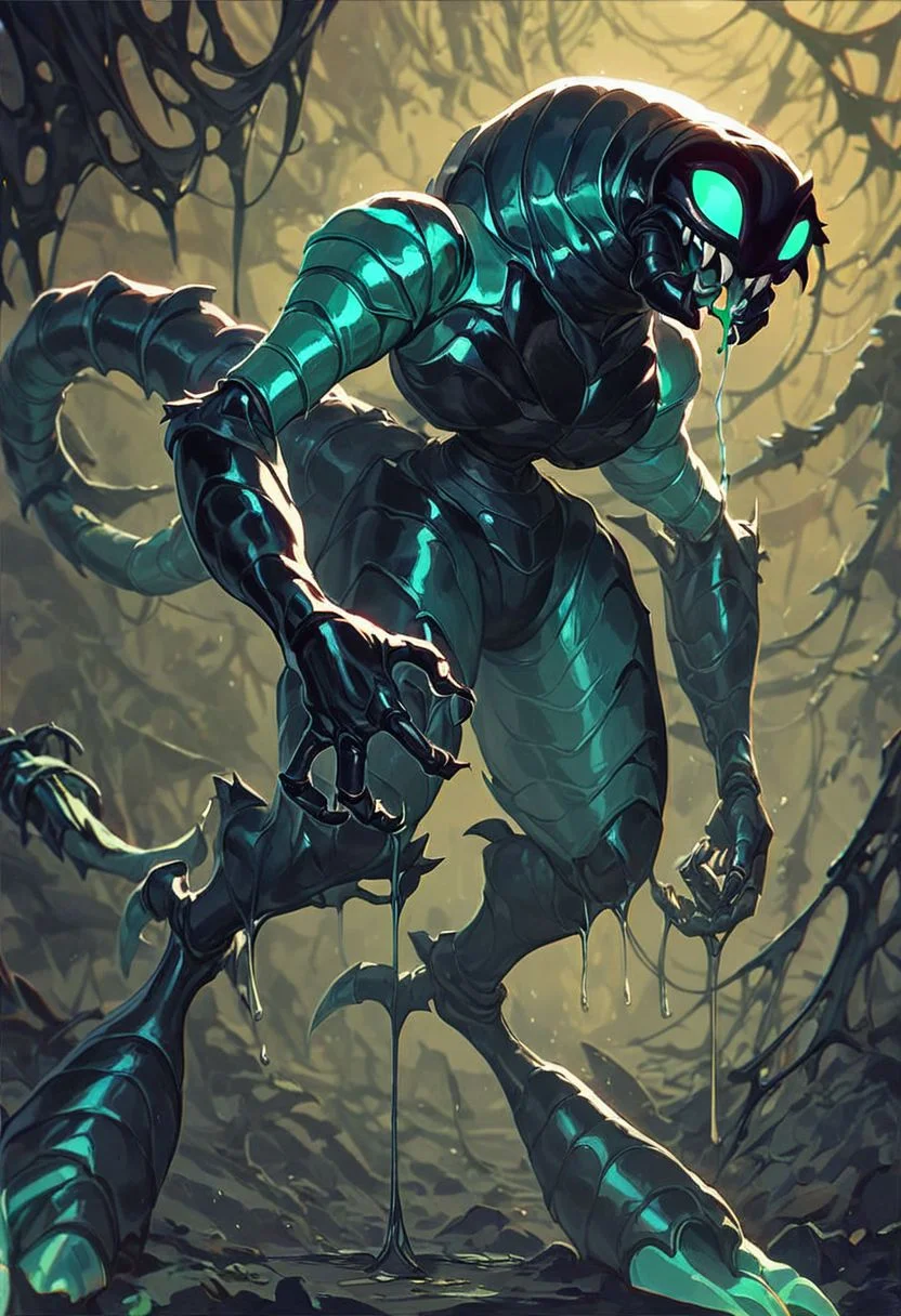 score_9,score_8_up,score_7_up, 
SPIDER monster:1.3, sleek black chitinous armor, glowing eye, swam, DARK damp cave, ((4 INSECT ARMS)), clawed fingers, (((4 insect legs))), mandibles, green drool, black shadows, scary environment, NO HUMAN, ((scorpion tail with dripping stinger)),