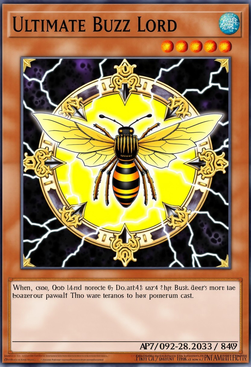 This image is a digital artwork of a Yu-Gi-Oh! trading card titled "Ultimate Buzz Lord". The card features an anime-style Bee. The bee has a glowing golden aura is and surrounded by lightning bolt icons. The card's frame is richly decorated with golden, ornate patterns and mystical symbols, emphasizing its status as the most powerful card in the game. The card's effects and abilities in the lower box read "When this card is summoned, draw 2 Buzz from your opponent's account."