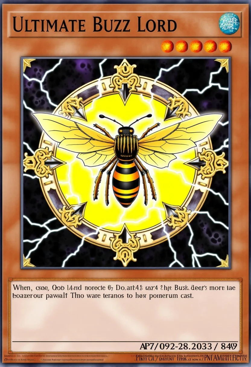 This image is a digital artwork of a Yu-Gi-Oh! trading card titled "Ultimate Buzz Lord". The card features an anime-style Bee. The bee has a glowing golden aura is and surrounded by lightning bolt icons. The card's frame is richly decorated with golden, ornate patterns and mystical symbols, emphasizing its status as the most powerful card in the game. The card's effects and abilities in the lower box read "When this card is summoned, draw 2 Buzz from your opponent's account."